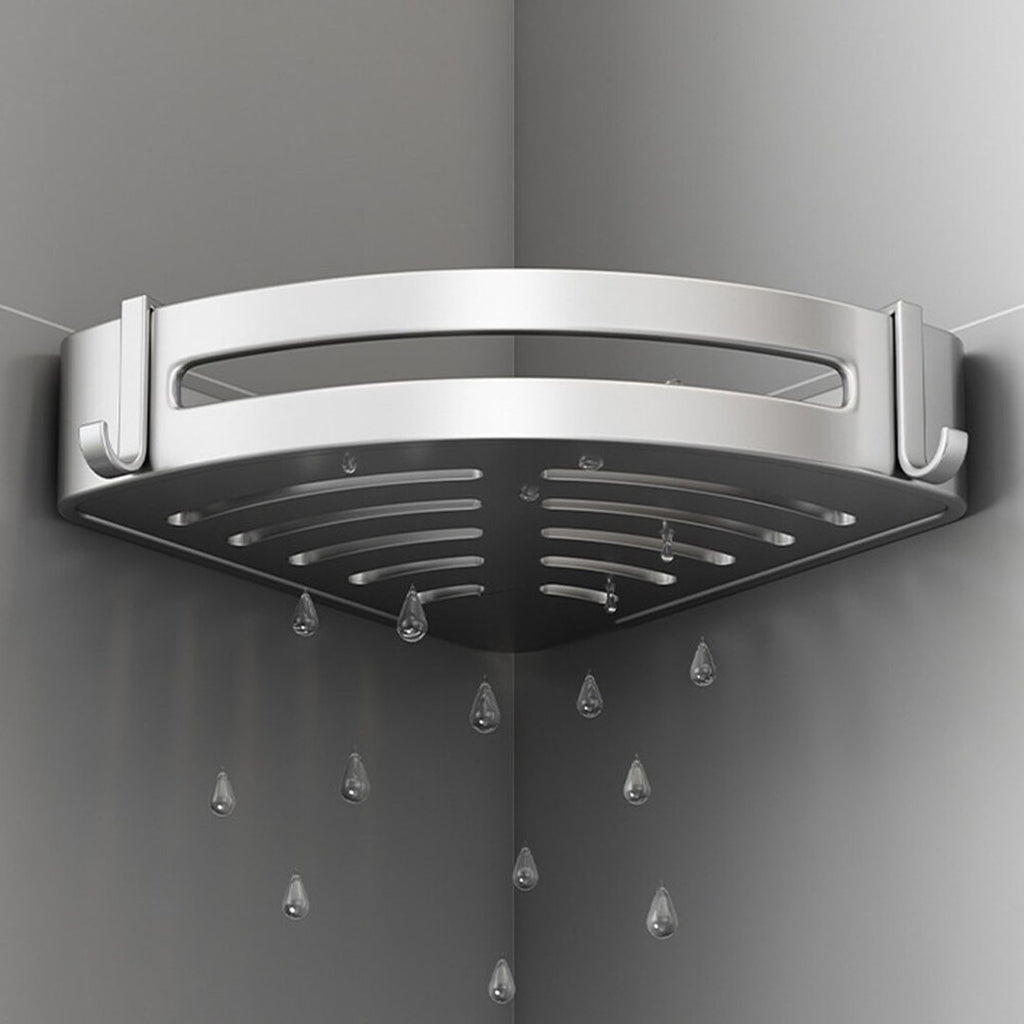Silver Wall-Mounted Triangular Bathroom Storage Rack with Hooks