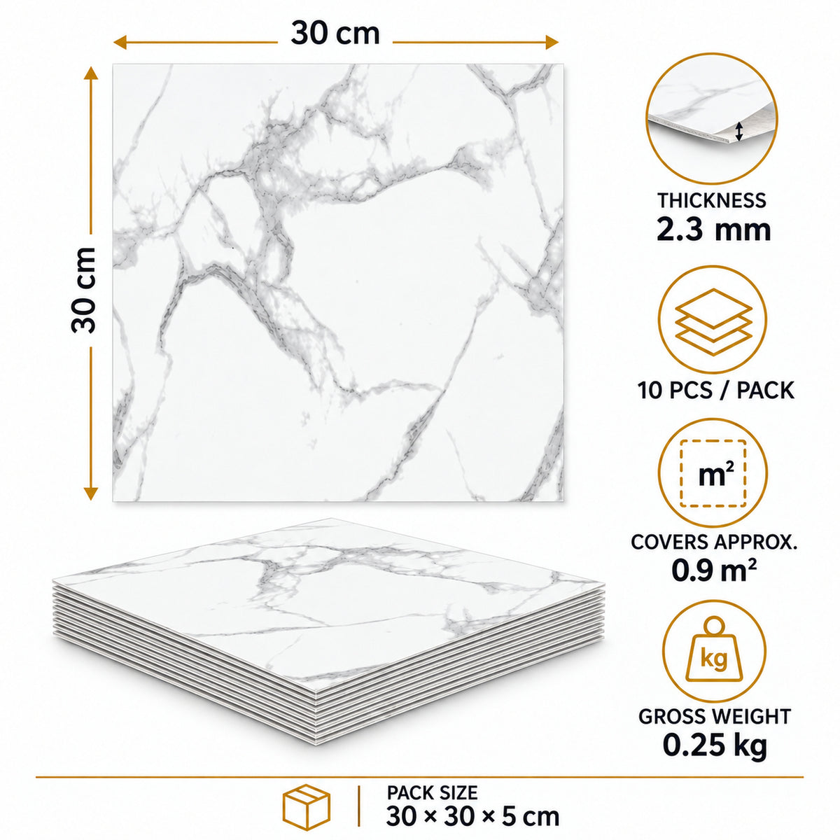 SOGA Peel & Stick Floor and Wall Tiles 30 x 30cm 10 Pack White Grey Faux Marble