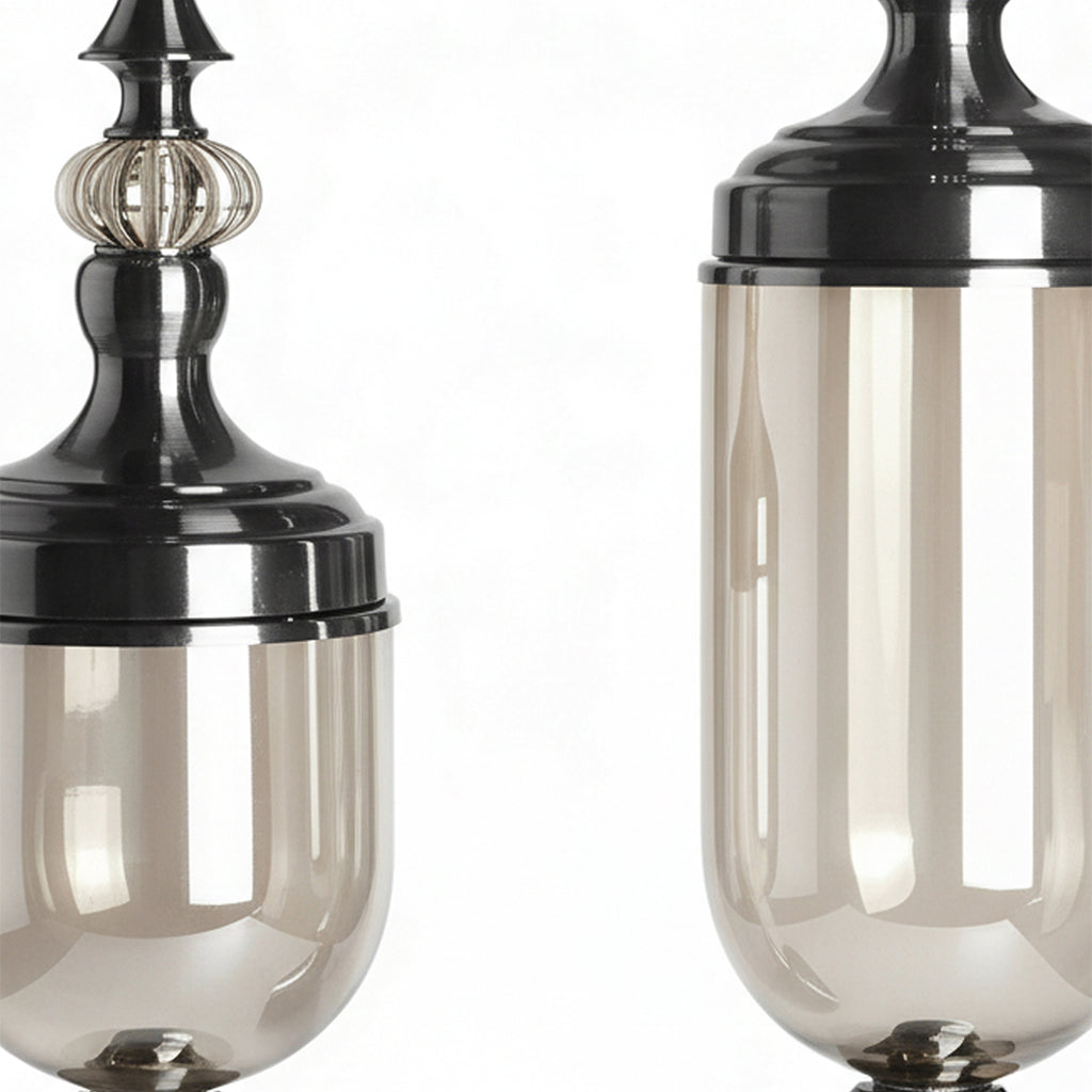 2x Clear Black Glass Vase with Lid Set