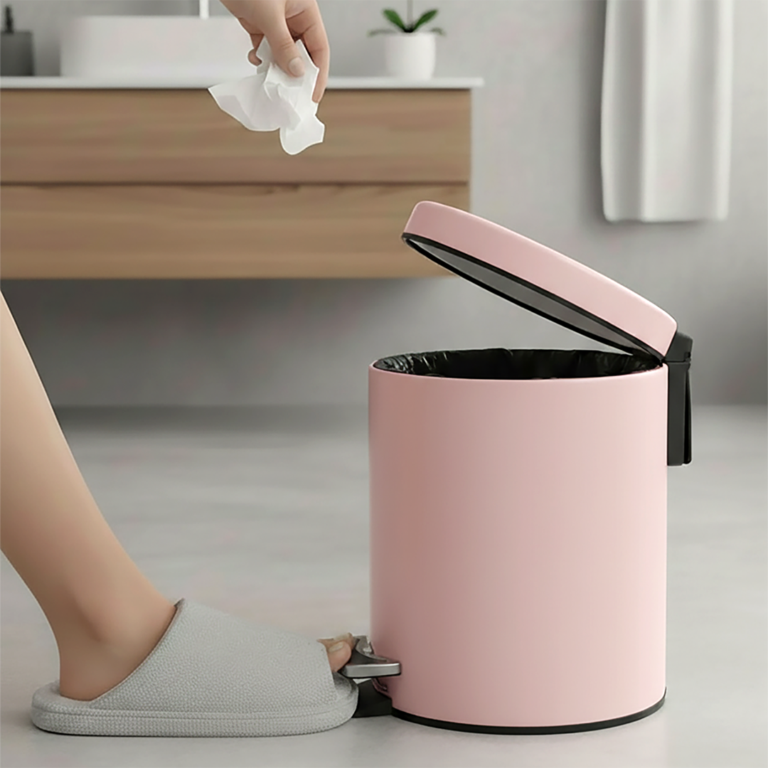Foot Pedal Stainless Steel Trash Bin Round 12L Pink