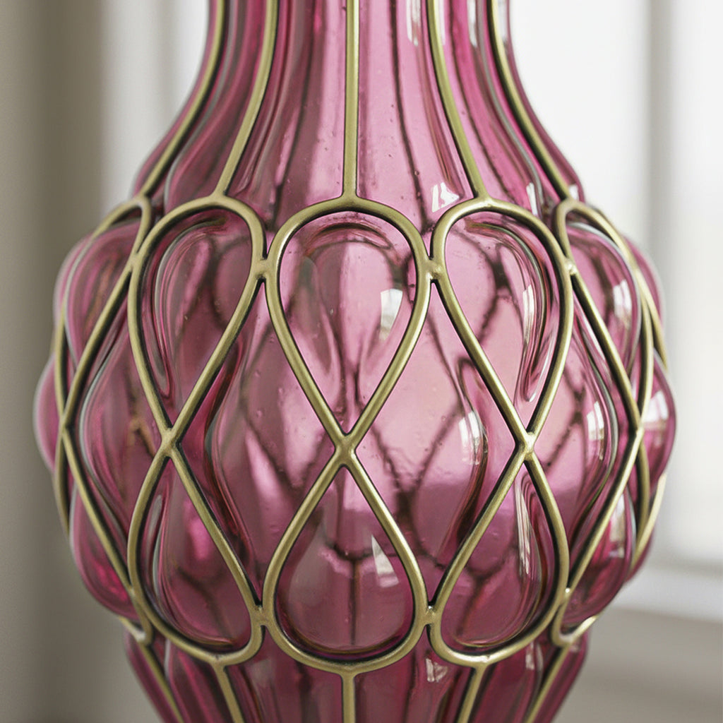 67cm Purple Glass Floor Vase with Metal Stand