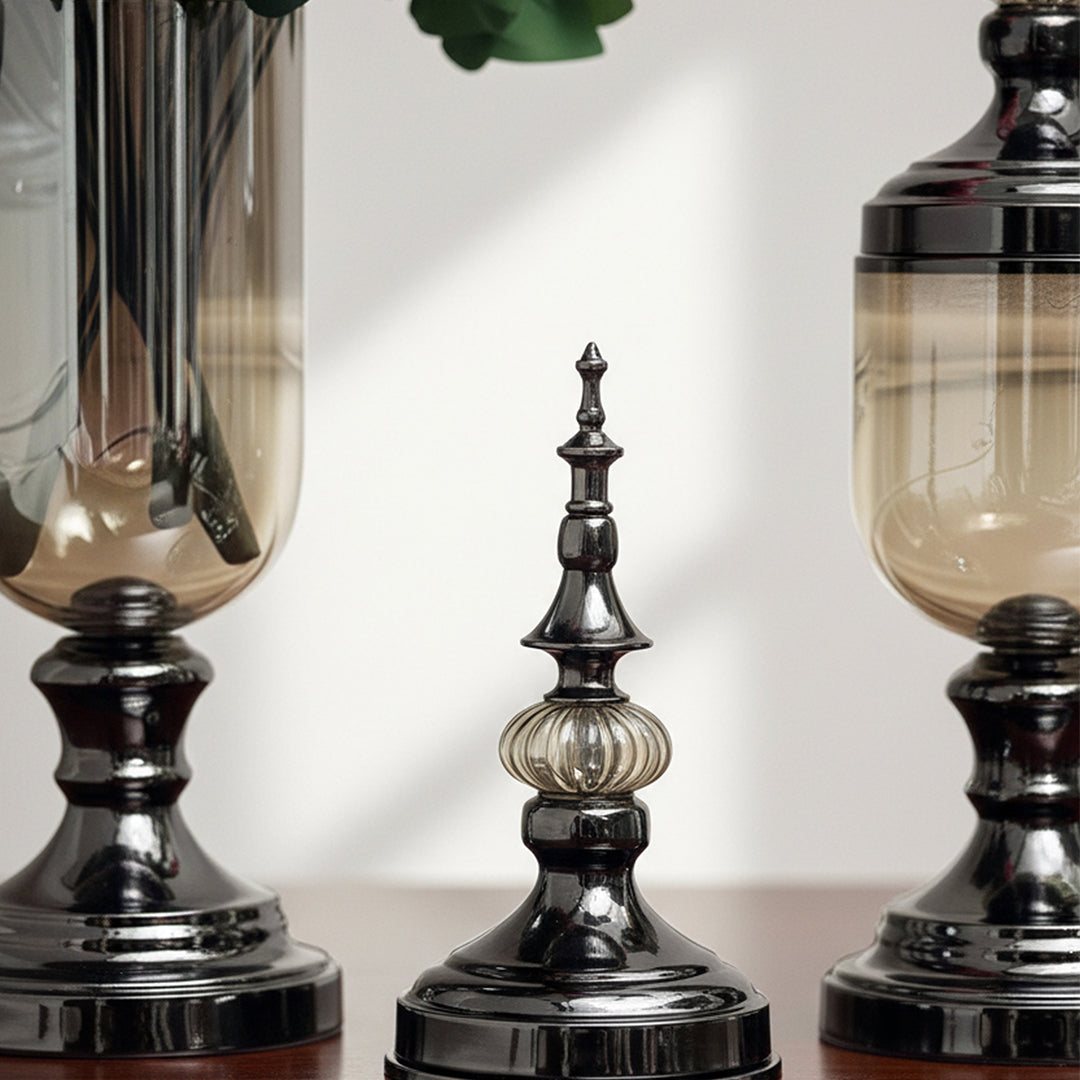 2x Clear Black Glass Vase with Lid and Pink Flower Set