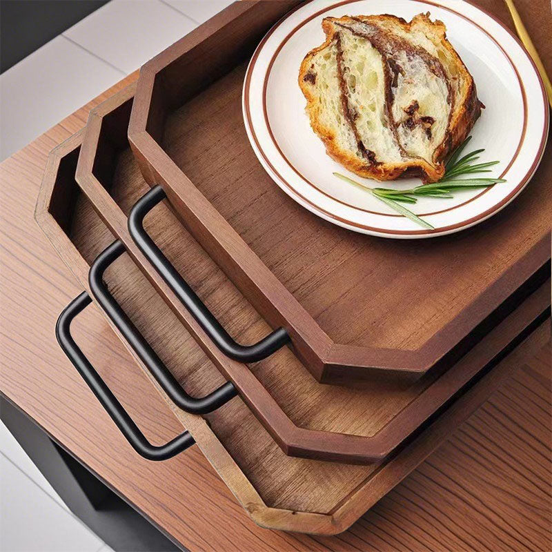 SOGA 28cm Brown Rectangle Wooden Serving Tray Metal Handles Kitchen