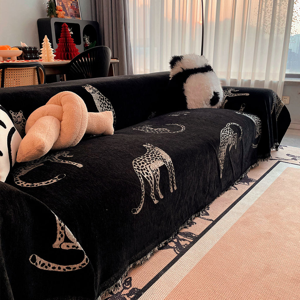 SOGA Three-seater Black Sofa Cover Leopard Print 180x340cm Polyester
