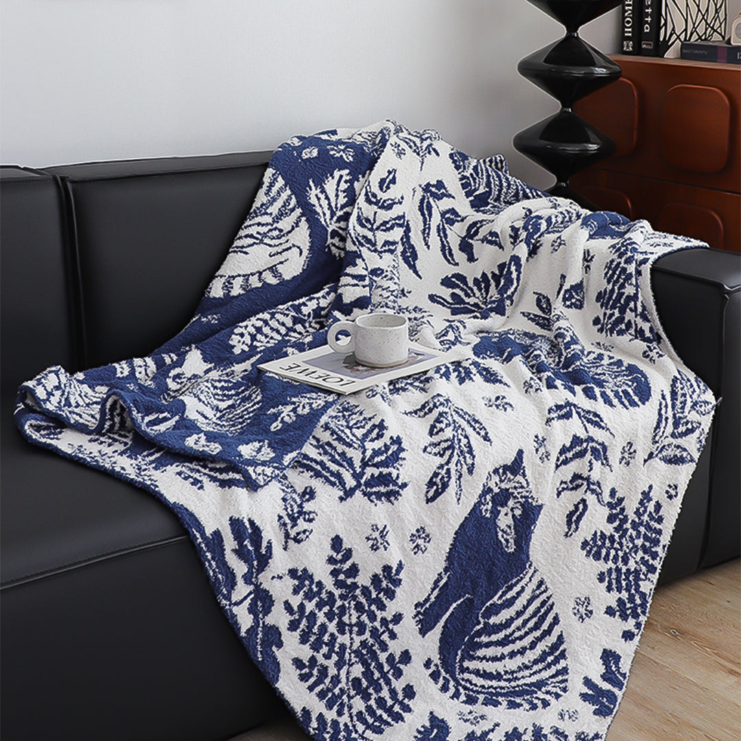 SOGA Deep Blue Cat Floral Print Throw Blanket 160x200cm Polyester