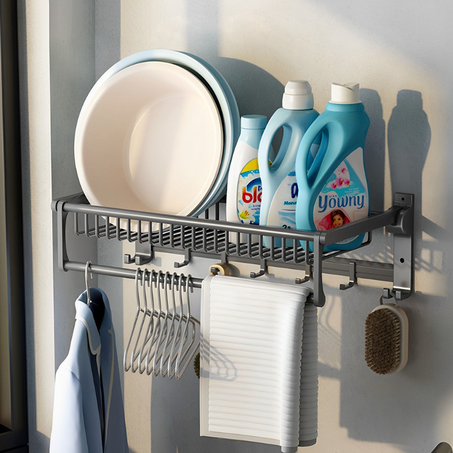 61cm Gray Wall-Mounted Double Pole Towel Holder with Hooks