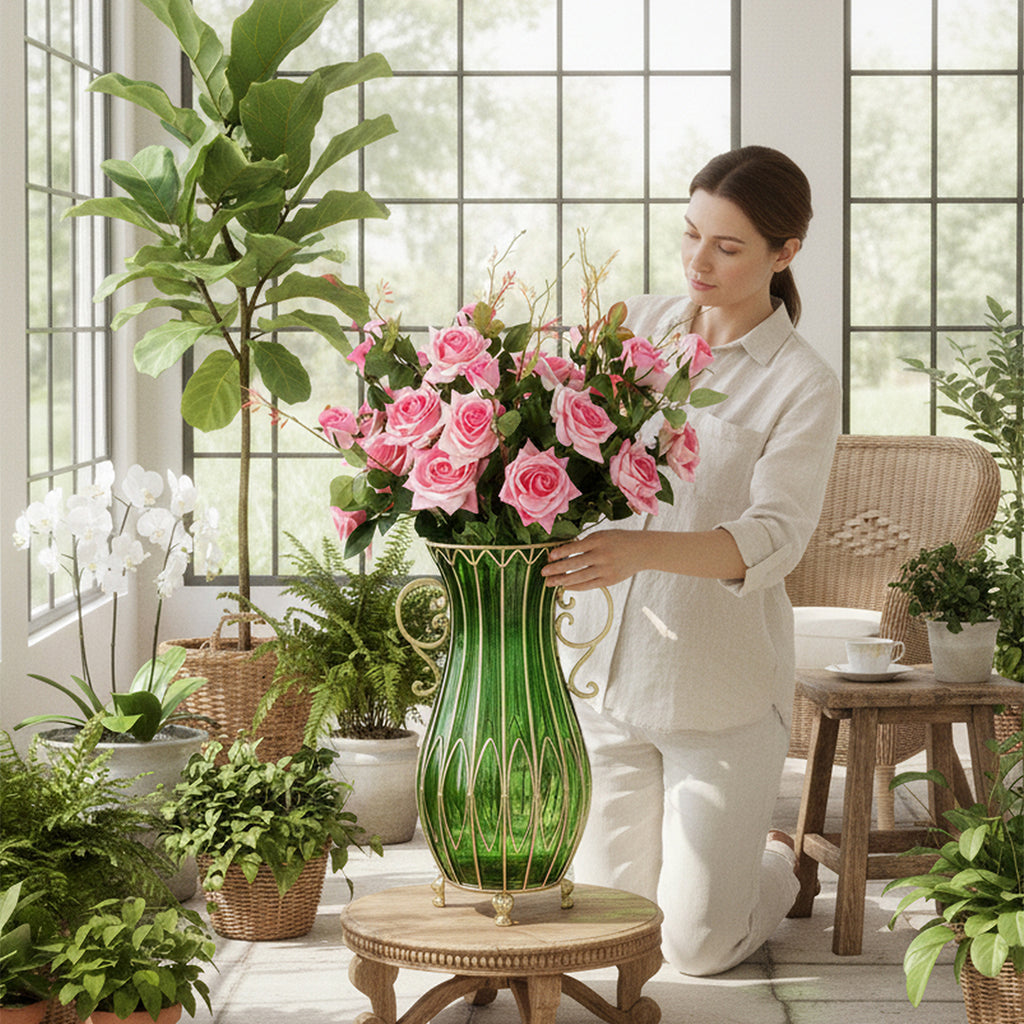 51cm Green Glass Floor Vase with 12pcs Pink Artificial Flower Set