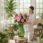 51cm Green Glass Floor Vase with 12pcs Pink Artificial Flower Set