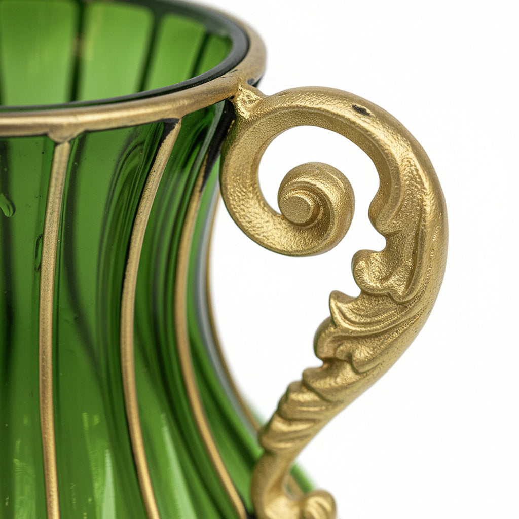 Green Glass Flower Vase with 4 Bunch 9 Heads Artificial Silk Rose Set