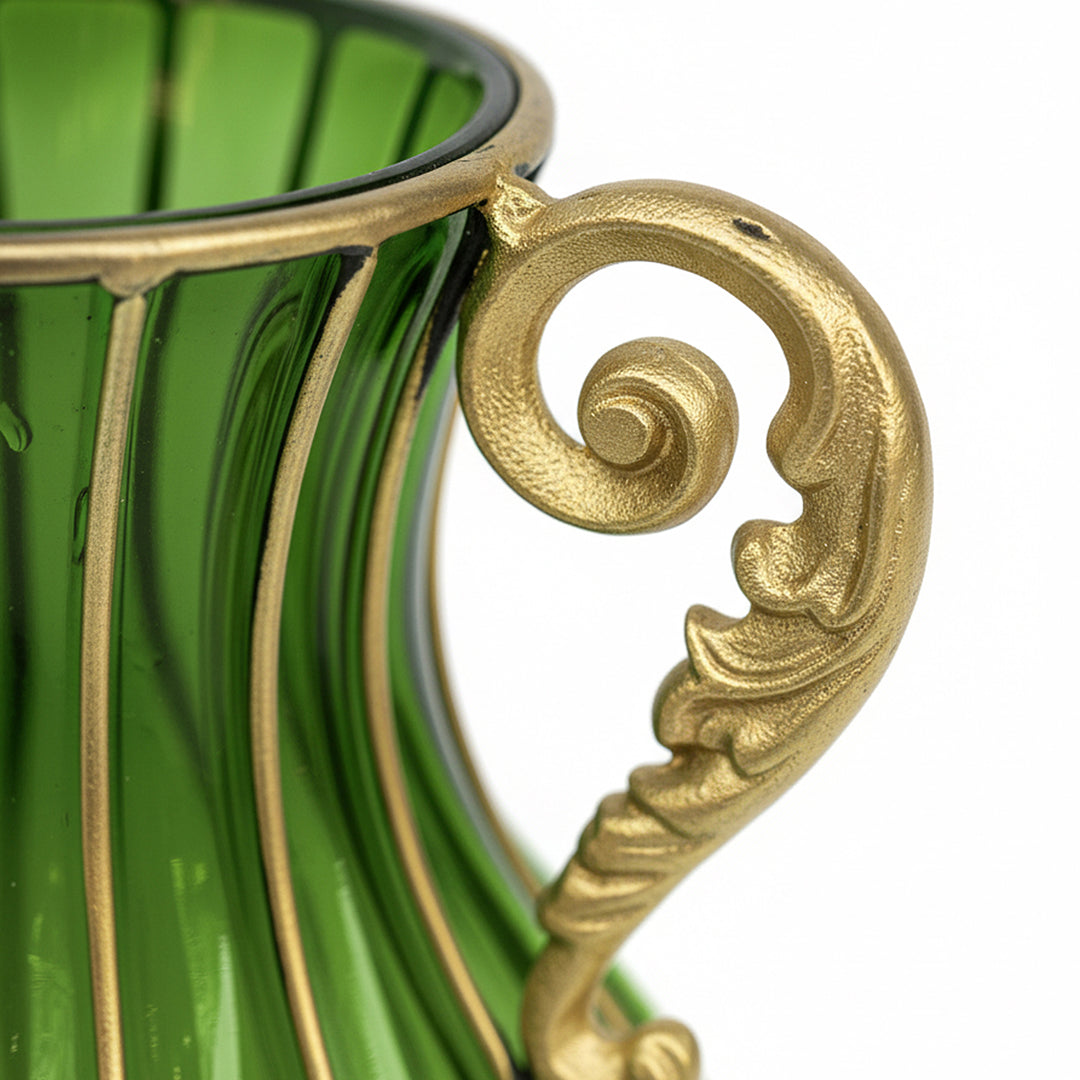 Green Glass Flower Vase with 4 Bunch 9 Heads Artificial Silk Rose Set