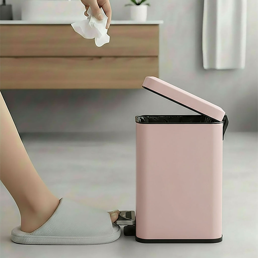 Foot Pedal Stainless Steel Trash Bin Square 12L Pink