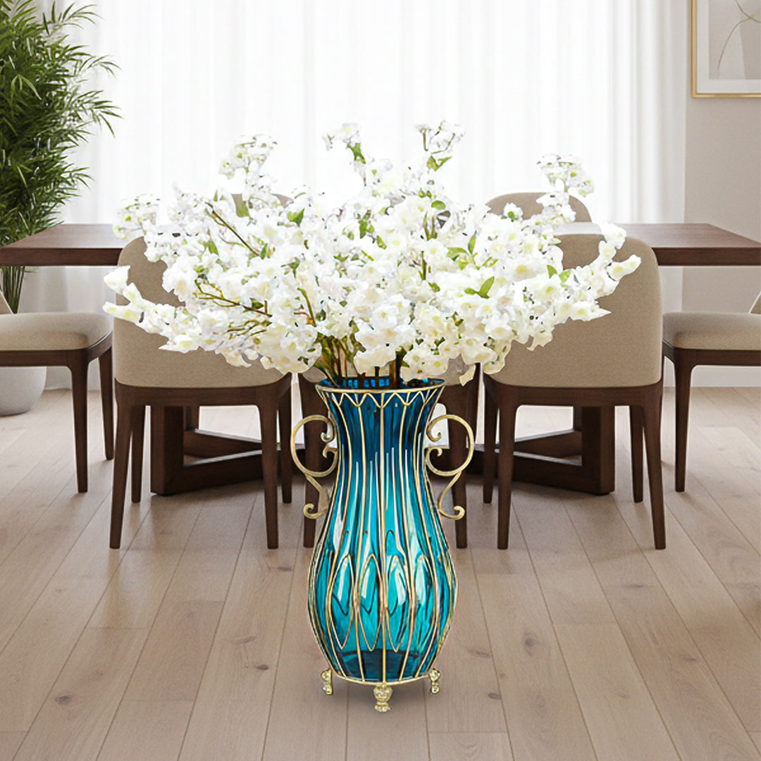 51cm Blue Glass Floor Vase and 10pcs White Artificial Flower Set