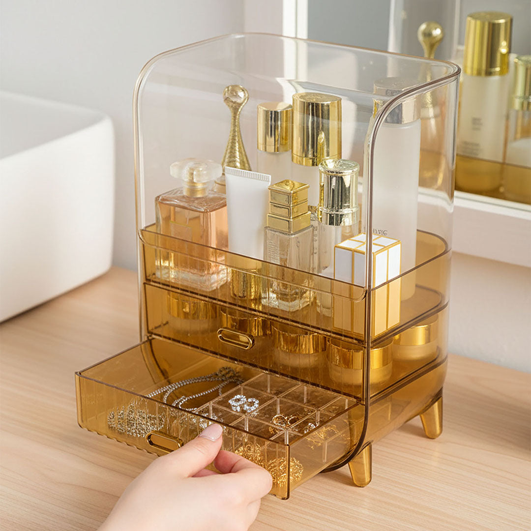 3 Tier Golden Yellow Multifunctional Countertop Cosmetic Storage Drawer Type Organiser
