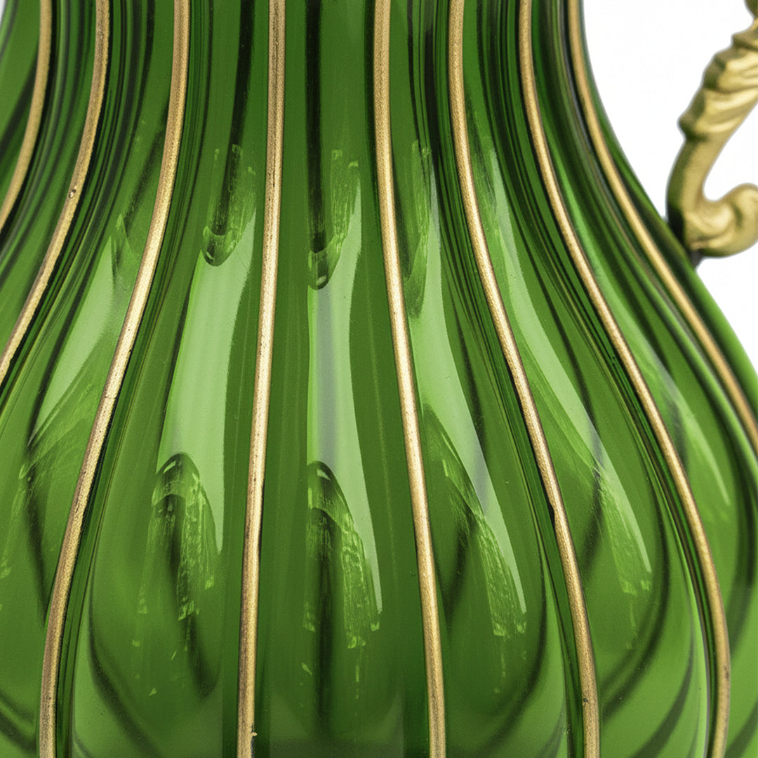 Green European Glass Flower Vase with Metal Handle