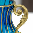 Blue European Glass Flower Vase with Metal Handle
