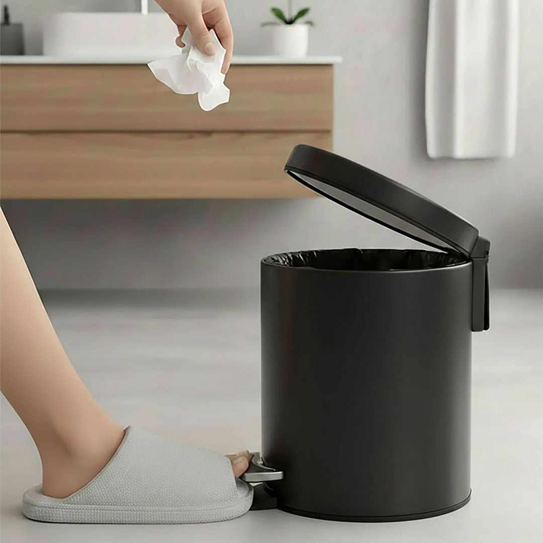 Foot Pedal Stainless Steel Trash Bin Round 12L Black