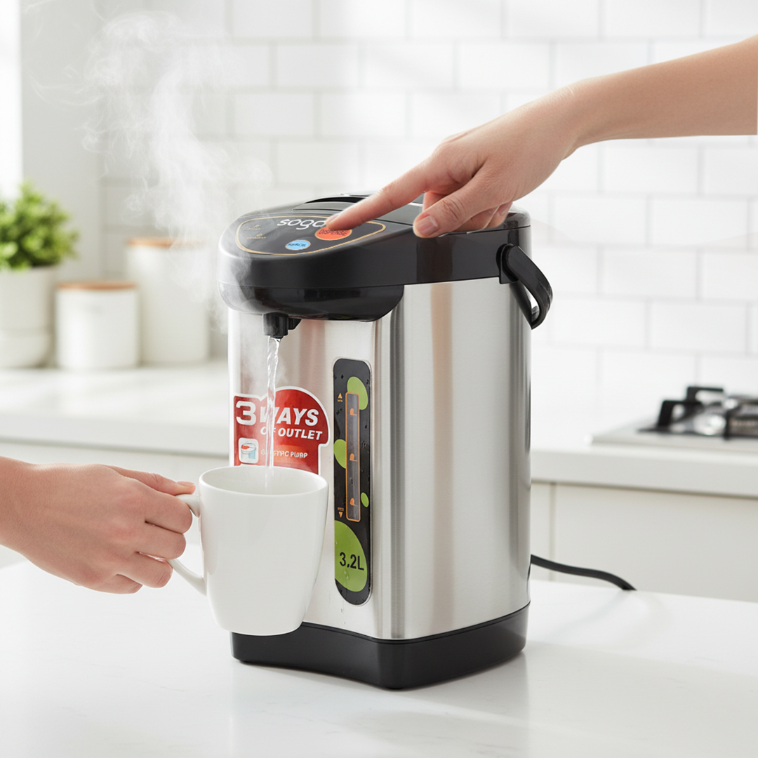 SOGA 2X 3.2L Silver Stainless Steel Electric Thermal Pot Dispenser with 3 Dispensing Modes