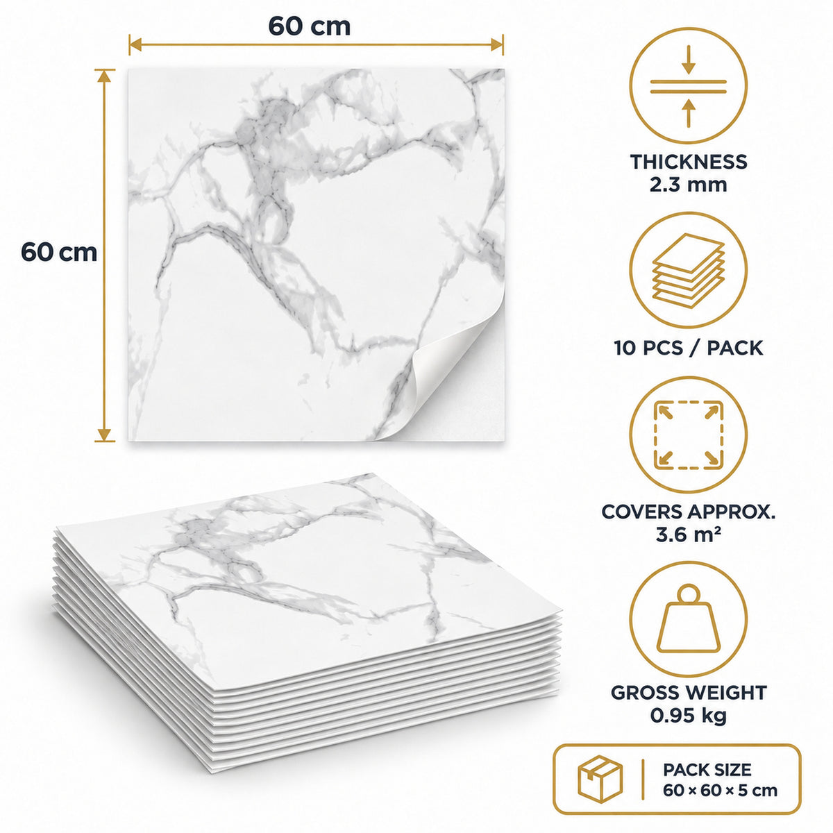 SOGA Peel & Stick Floor and Wall Tiles 60 x 60cm 10 Pack White Grey Faux Marble