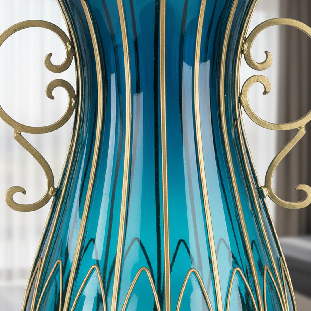 51cm Blue Glass Floor Vase with Metal Stand