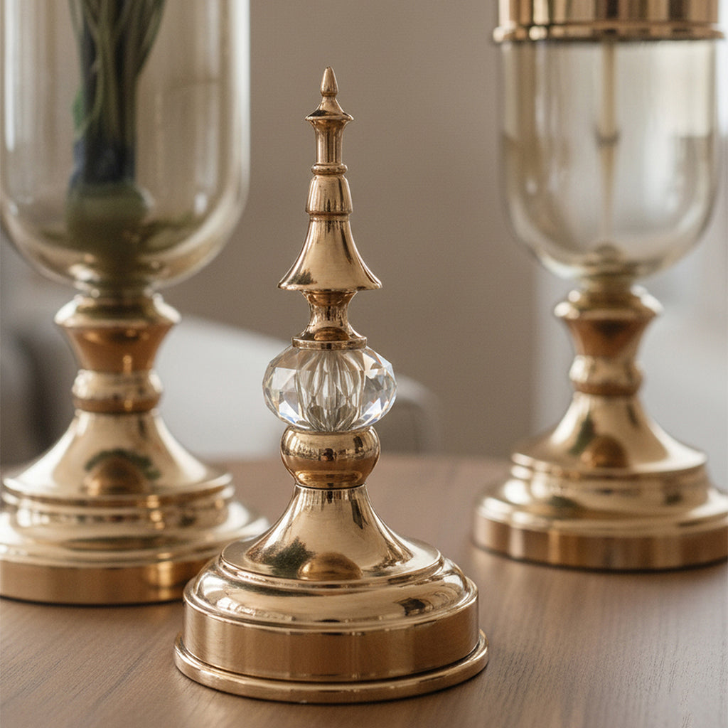2x Clear Gold Glass Vase with Lid and White Flower Set