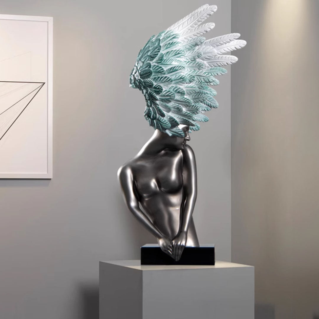SOGA 86cm Silver Winged Figure Sculpture with Marble Base