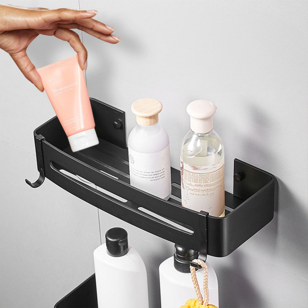 Black Wall-Mounted Rectangular Bathroom Storage Shelf Rack with Hooks