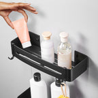 Black Wall-Mounted Rectangular Bathroom Storage Shelf Rack with Hooks