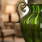 Green European Glass Flower Vase with Two Metal Handle