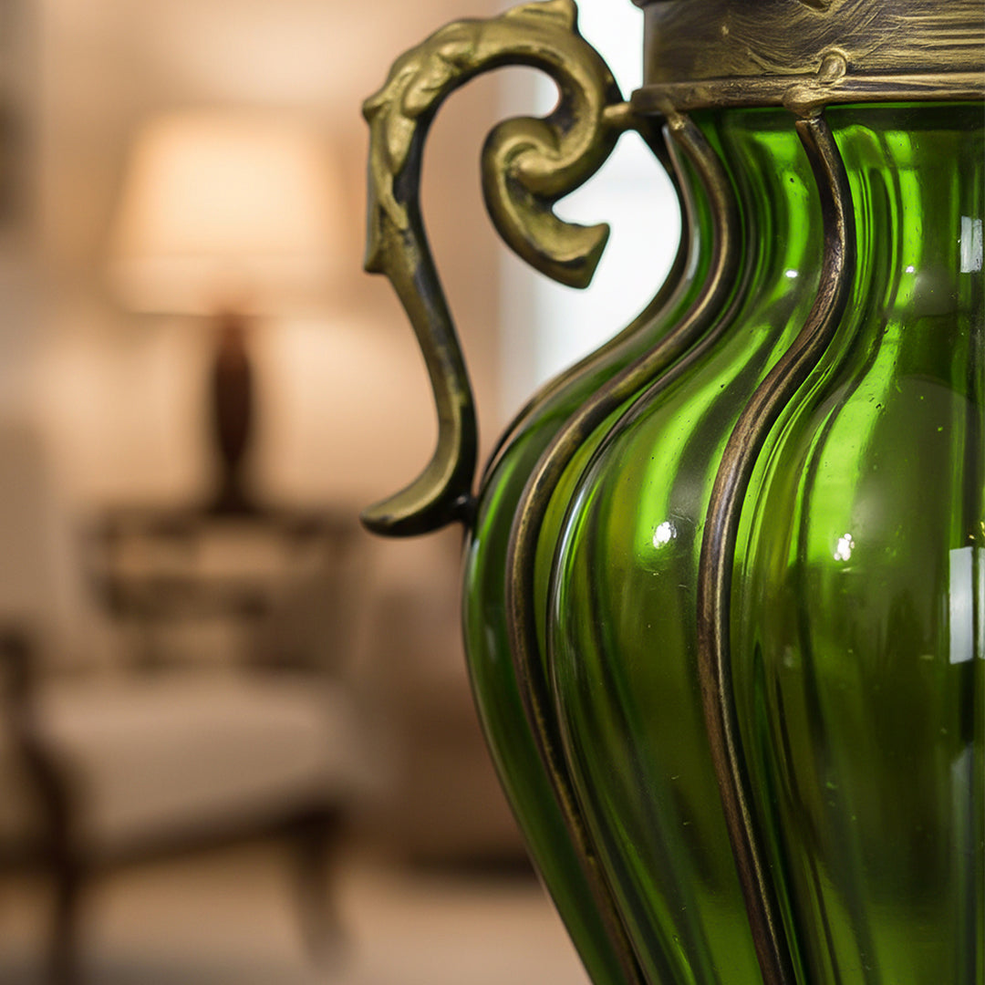 Green European Glass Flower Vase with Two Metal Handle