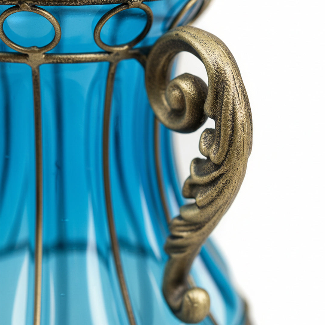 Blue European Glass Flower Vase with Two Metal Handle