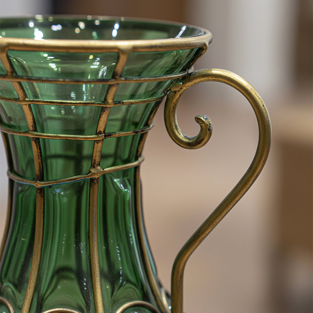Green Glass Flower Vase with 8 Bunch 5 Heads Artificial Silk Rose Set