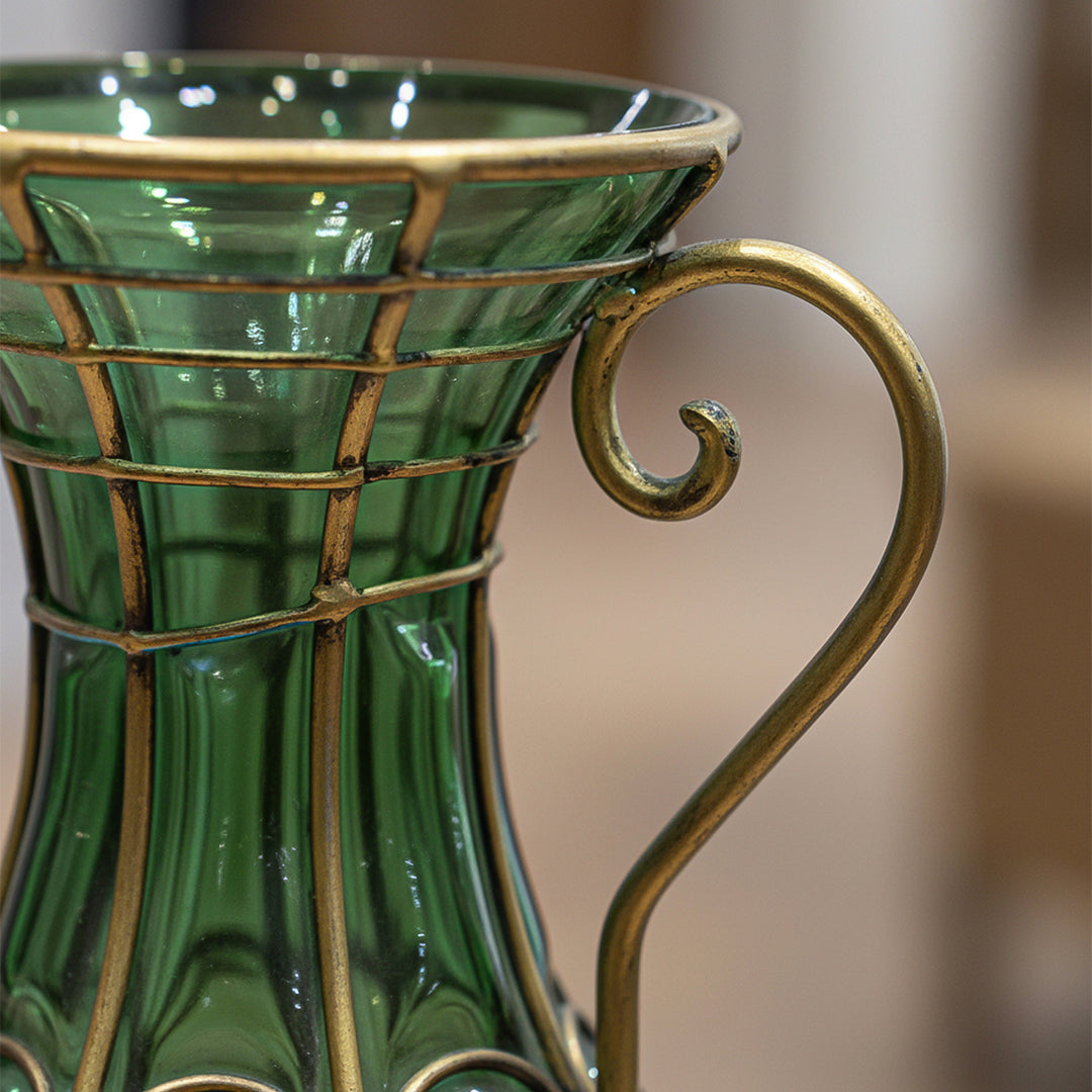 Green Glass Flower Vase with 8 Bunch 5 Heads Artificial Silk Rose Set