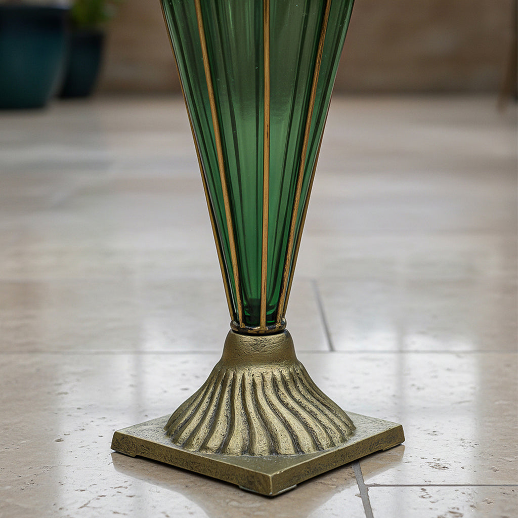 Green European Glass Flower Vase with Two Gold Metal Handle
