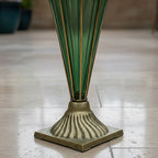 Green European Glass Flower Vase with Two Gold Metal Handle