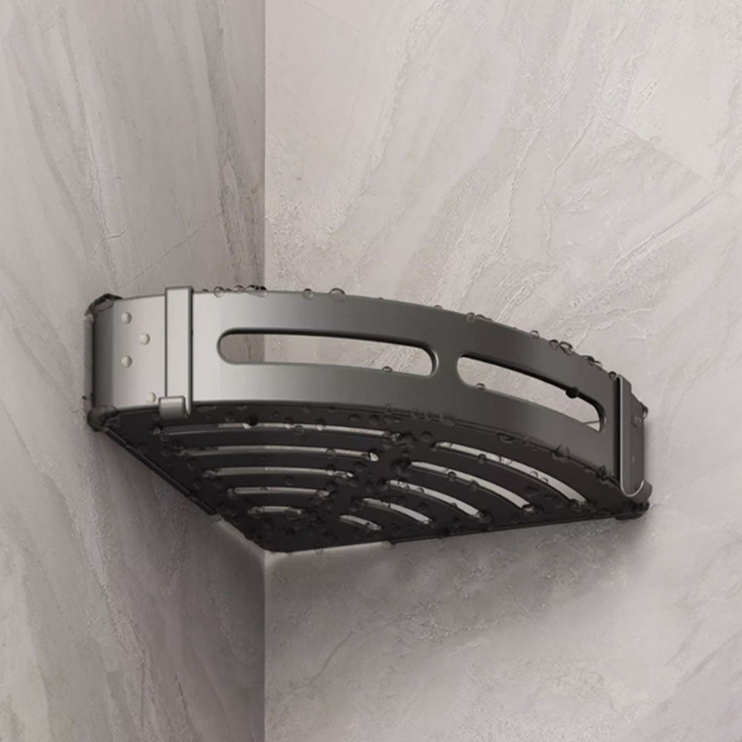 Black Wall-Mounted Triangular Bathroom Storage Rack with Hooks