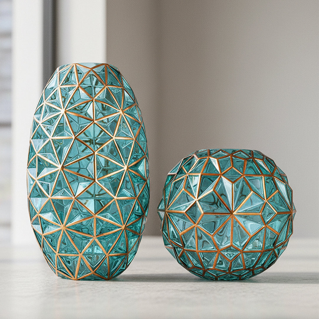 Green Diamond Cut Glass Flower Vase with Gold Accent