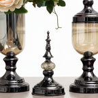 2x Clear Black Glass Vase with Lid and White Flower Set