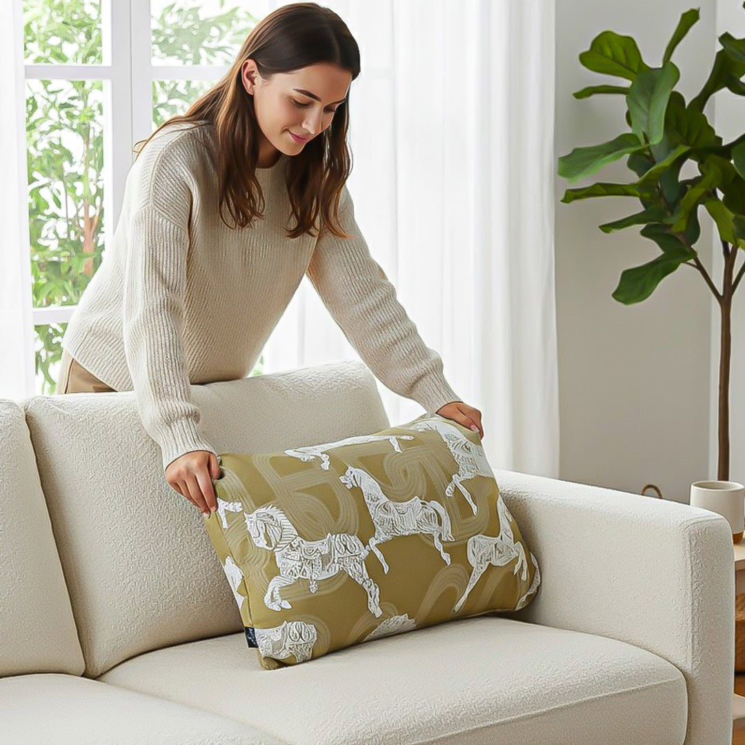 SOGA 35cm Vintage Olive Green White Horse Pattern Throw Pillow