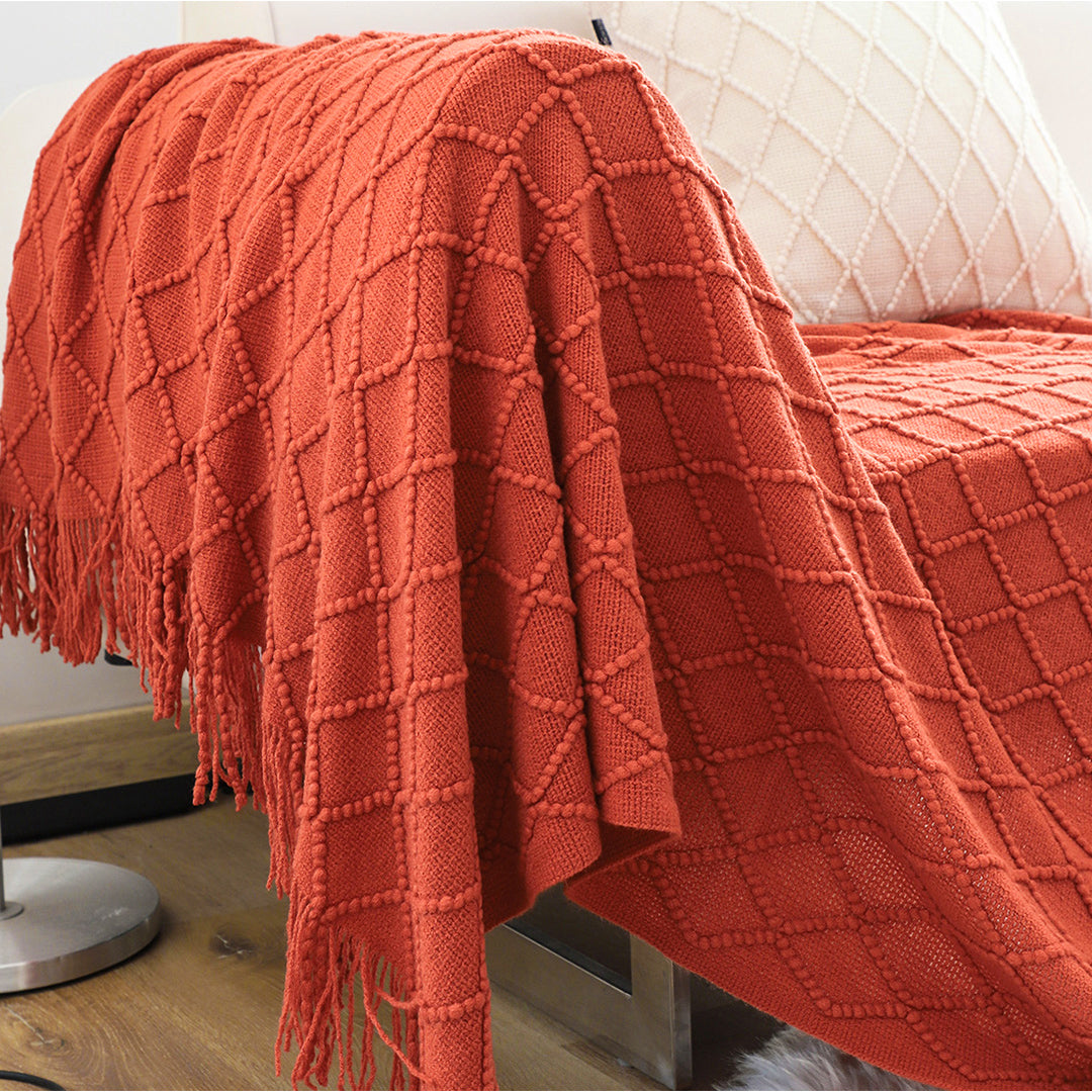 Red Diamond Pattern Knitted Throw Blanket