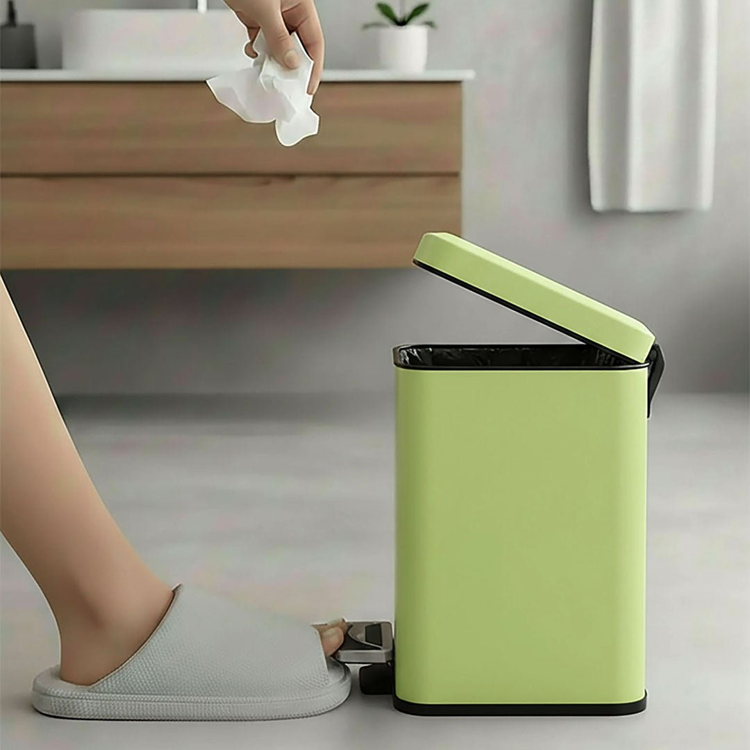 Foot Pedal Stainless Steel Trash Bin Square 12L Green