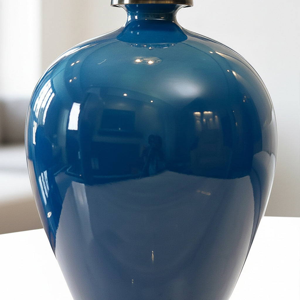 42cm Ceramic Vase with Gold Metal Base Dark Blue
