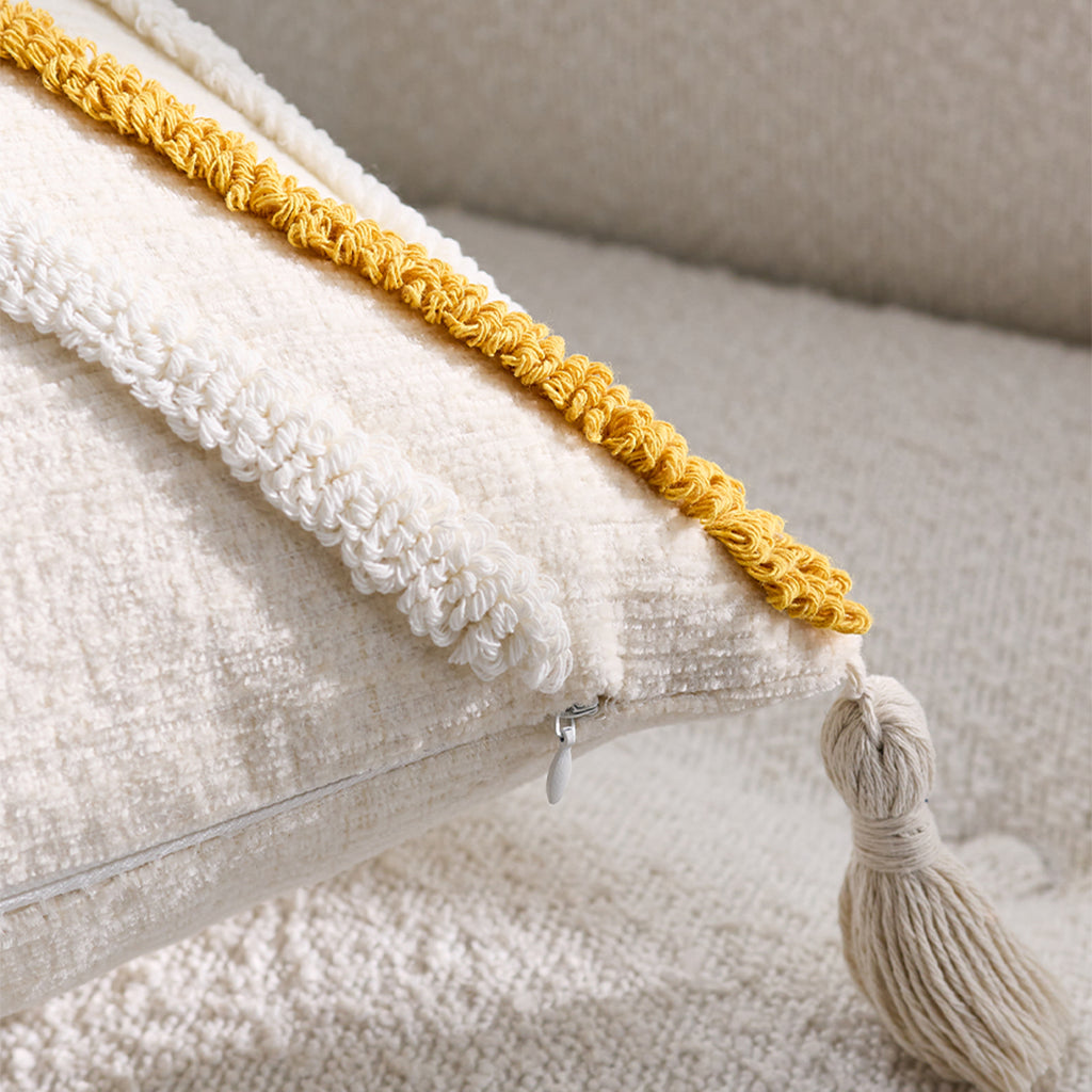 SOGA Boho Tufted Cushion 45cm Tassel Beige Yellow Geometric Chevron Throw Pillow