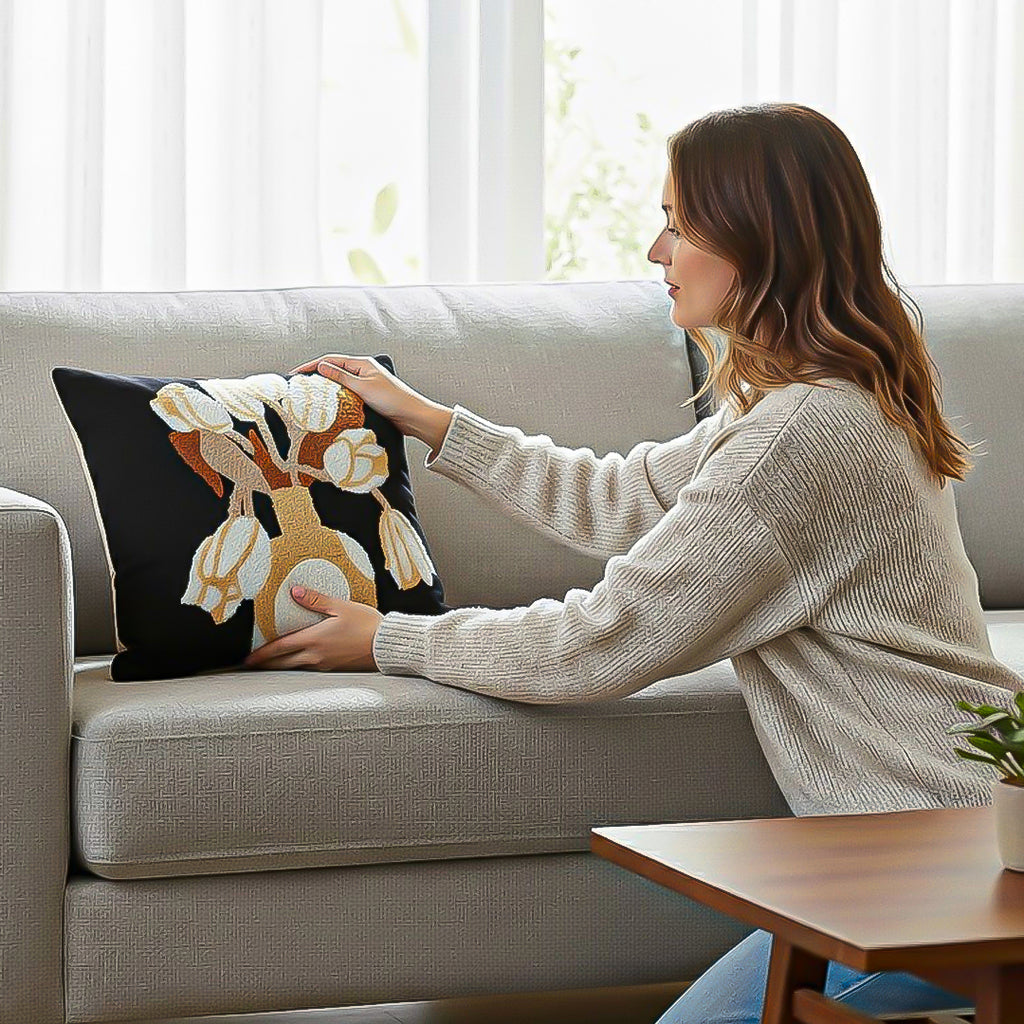 SOGA 45cm Black White Gold Floral Vase Embroidered Throw Pillow