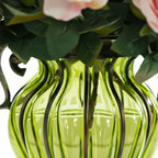 Green Glass Flower Vase with 4 Bunch 9 Heads Artificial Silk Rose Set