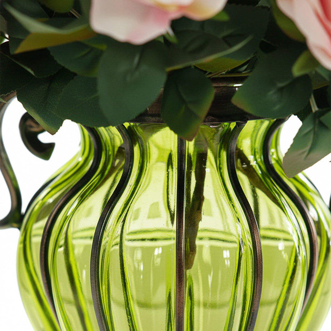 Green Glass Flower Vase with 4 Bunch 9 Heads Artificial Silk Rose Set