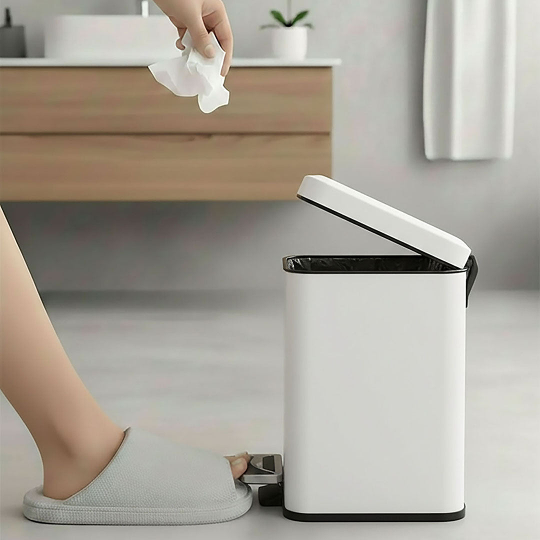 Foot Pedal Stainless Steel Trash Bin Square 12L White