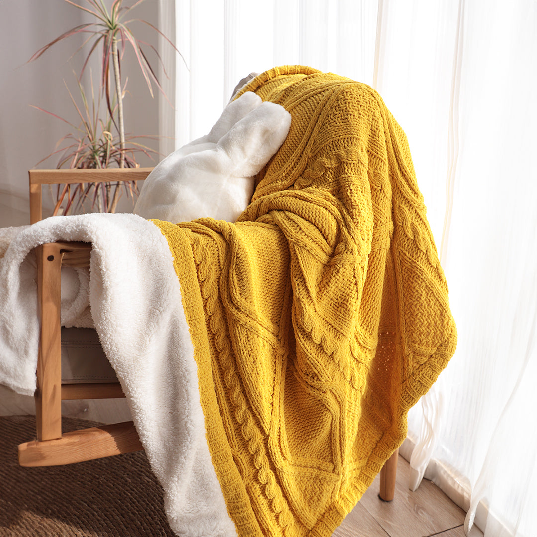 SOGA 200x230cm Throw Blanket Yellow and White Chenille Fleece Knitted Fabric