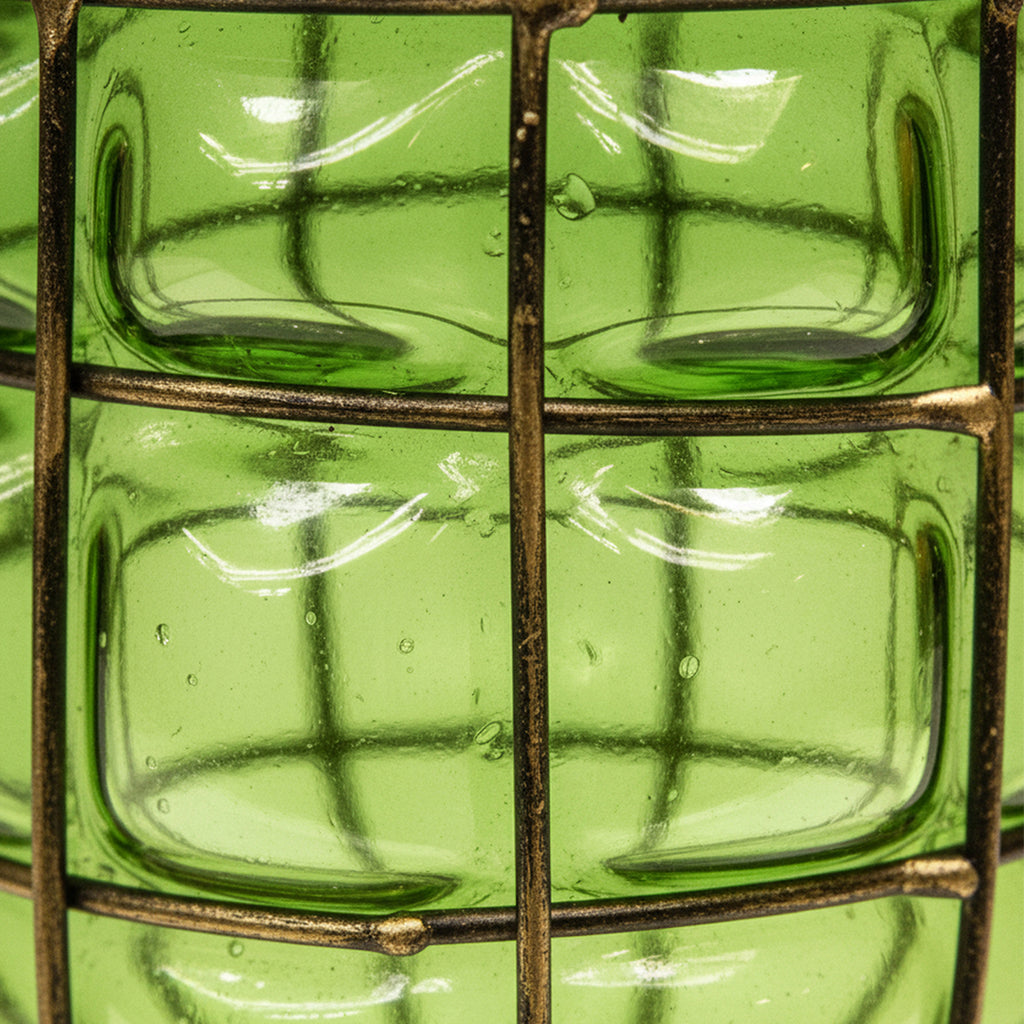 Green European GlassFlower Vase with Metal Handle