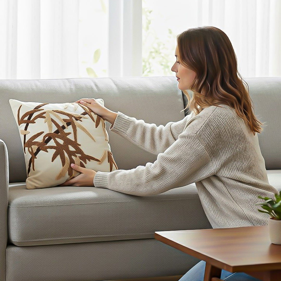 SOGA 45cm Cream Brown Bamboo Leaf Botanical Embroidered Throw Pillow
