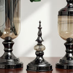 2x Clear Black Glass Vase with Lid and Blue Flower Set